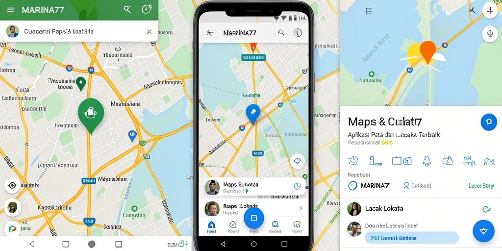 Screenshot aplikasi MARINA77 menunjukkan tampilan peta dan fungsi lacak lokasi.