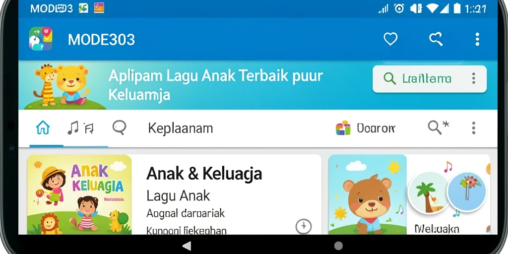 Antarmuka aplikasi MODE303 untuk lagu anak yang menarik dan mudah digunakan.