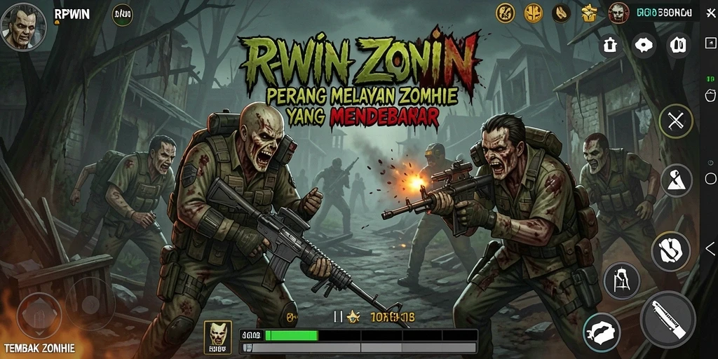 Antarmuka permainan RPWIN dengan aksi tembak zombie yang mendebarkan.